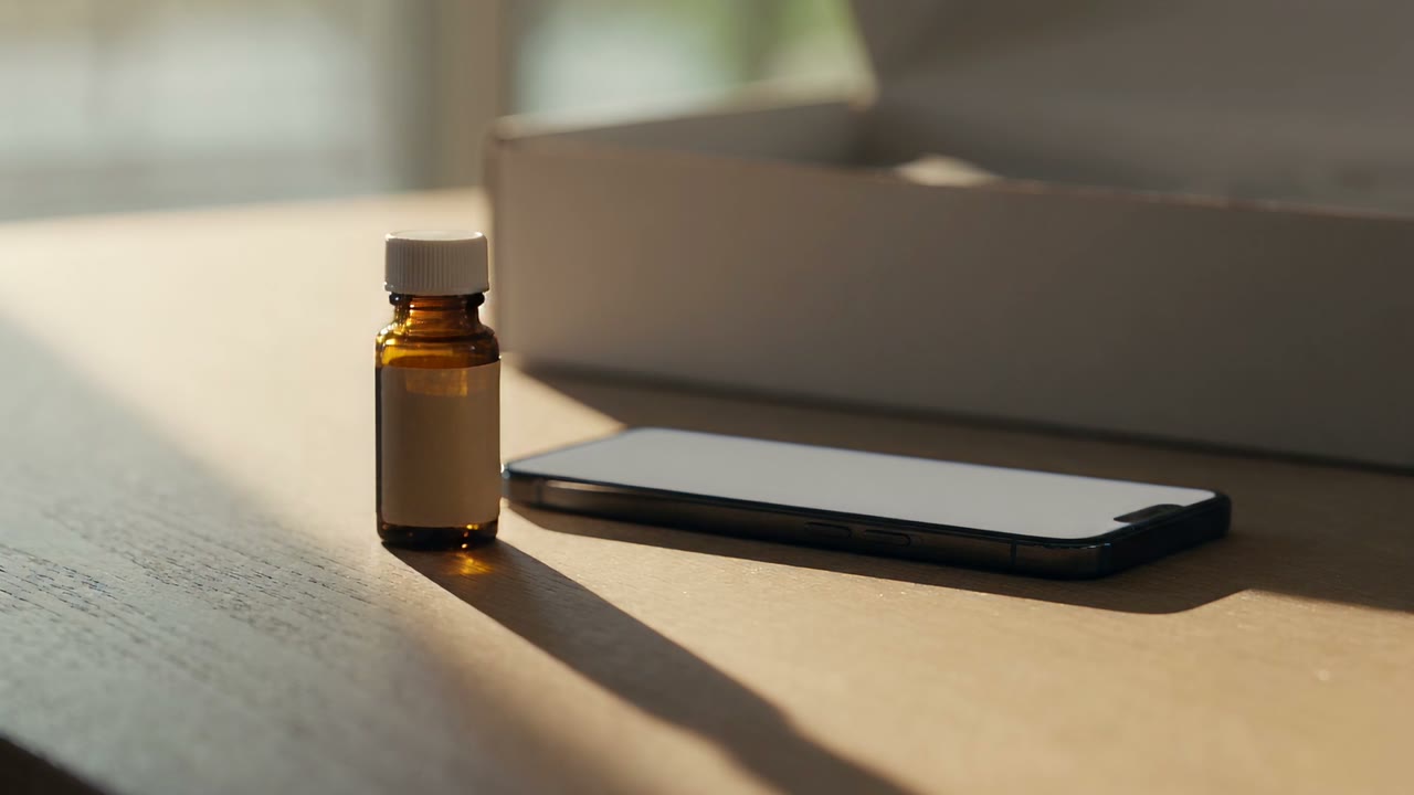 A small amber glass bottle with a plain label on an oak table.