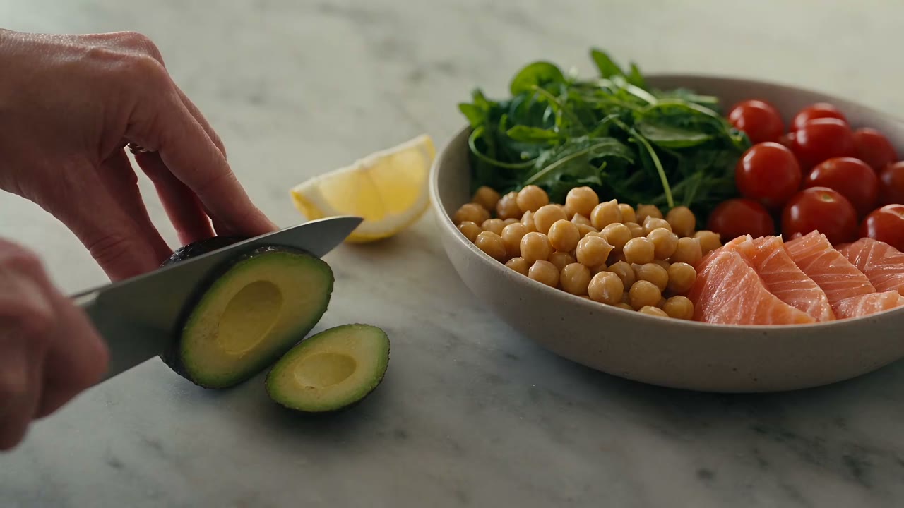 A bowl of greens, chickpeas, tomatoes and salmon with a lemon wedge.